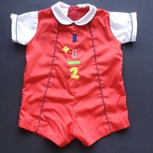 Vintage Baby Boys Romper Size L (12m?) Red White Math School Shorts Onepiece